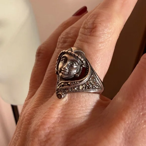 Antique Art deco 1920’s Sterling silver art Nouveau Flapper Face Ring - Picture 5 of 17